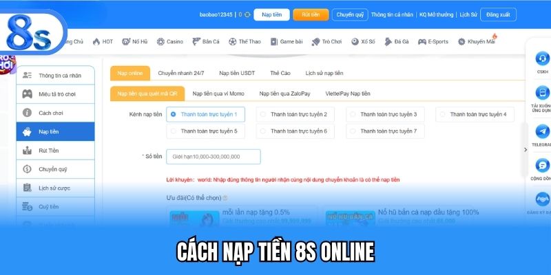 Cách nạp tiền 8S online