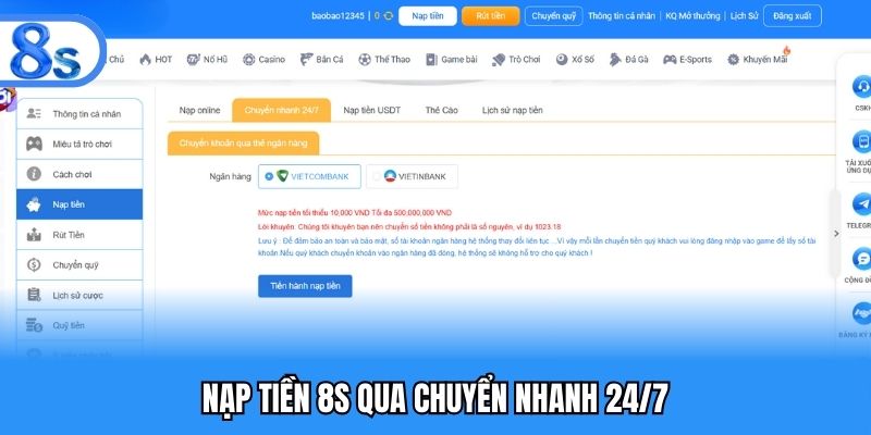 Nạp tiền 8S qua chuyển nhanh 24/7