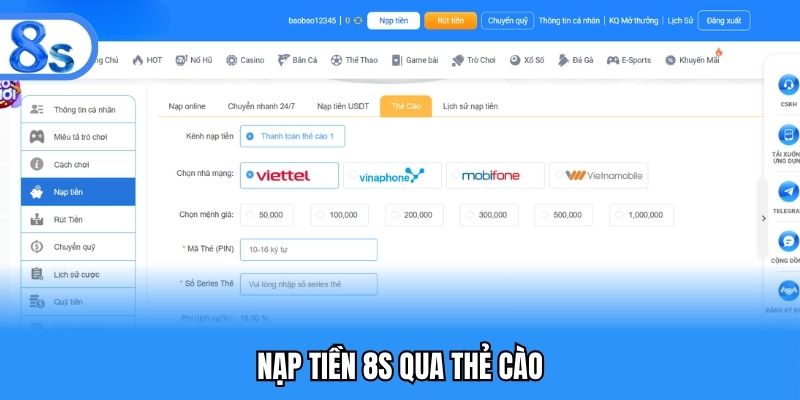 Nạp tiền 8S qua thẻ cào